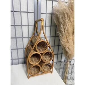 Vintage Rattan Wine Holder 5 bottles, Wicker Woven Straw Boho Decor